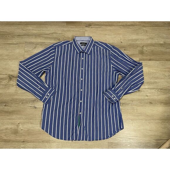 Bugatchi Shirt Mens Sz‎ XL Blue White Striped Shaped Fit Button Up Long Sleeve - Picture 1 of 11